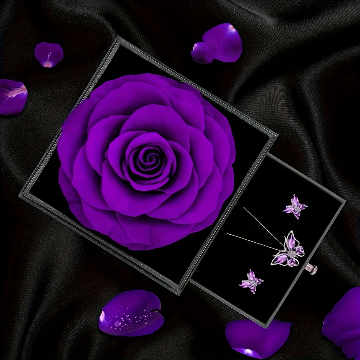 1 Set Elegant Butterfly Pendant Necklace and Earrings with Purple Rose Gift Box for Mother'S Day,Valentine's,Christmas,Birthdays