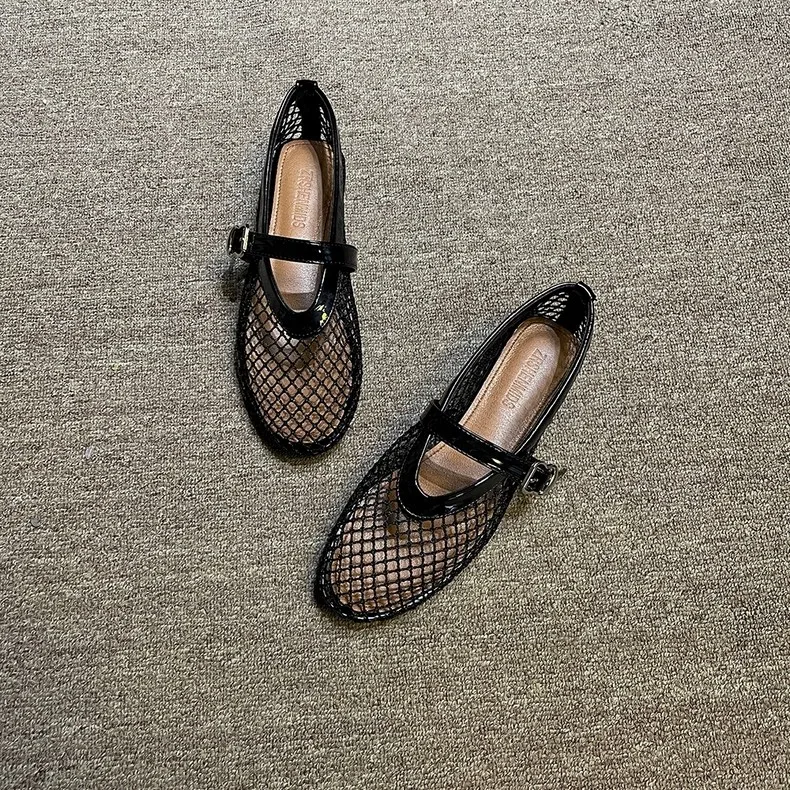 Black Sandals Women Flats Mesh Summer Fashion Shallow Shoes Beach Dress Designer Trend Shoes Outdoor Walking Female