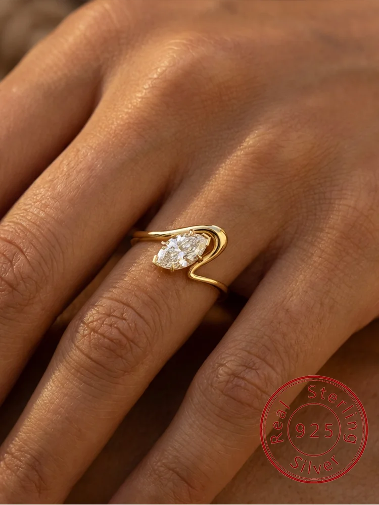 925 Sterling Silver Simple Ripple Marquise Zircon Ring For Women Engagement Anniversary Wedding Party High Quality Fine Jewelry