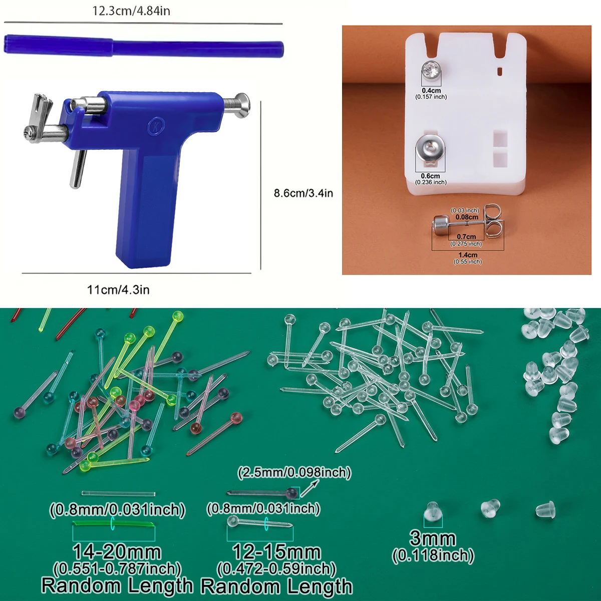 About 189pcs Mix Ear Piercing Kit Include Ear Piercing Tool Piercing Stud Earrings Flexible Colorful Earring Retainer & Backs