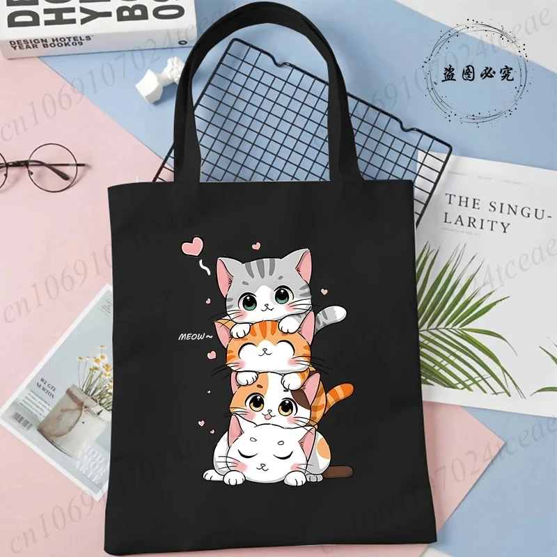 Cartoon Cat Printed Women's Canvas Single Shoulder Handbag Cartoon Animal Commuter Shopping Bag Reusable Handbag