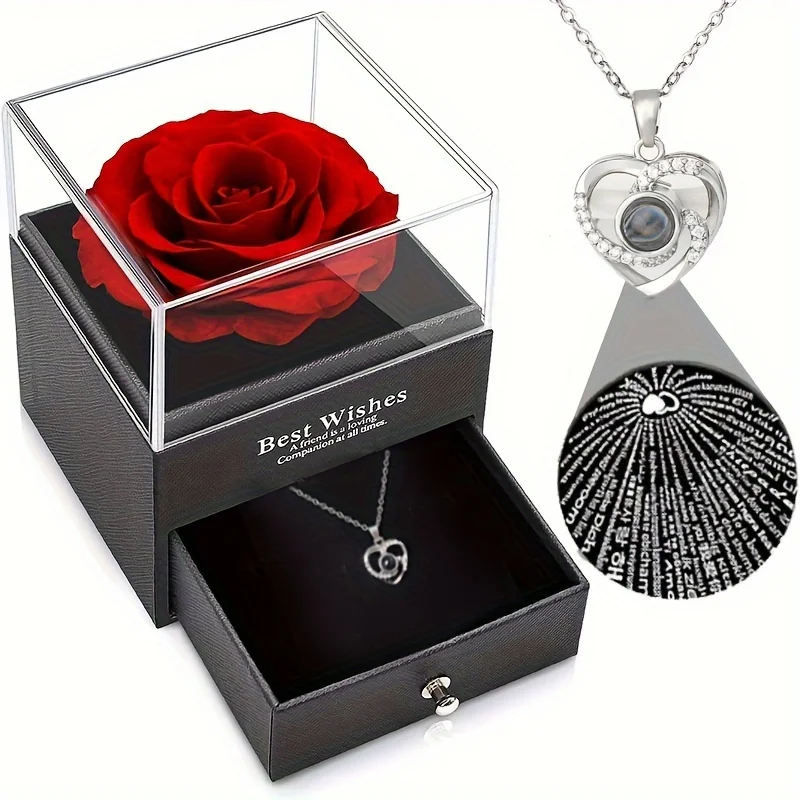 1pc Love Pendant Necklace, Artificial Rose Gift Box Set, for Mother'S Day, Valentine'S Day, Wife, Daughter, Grandmother