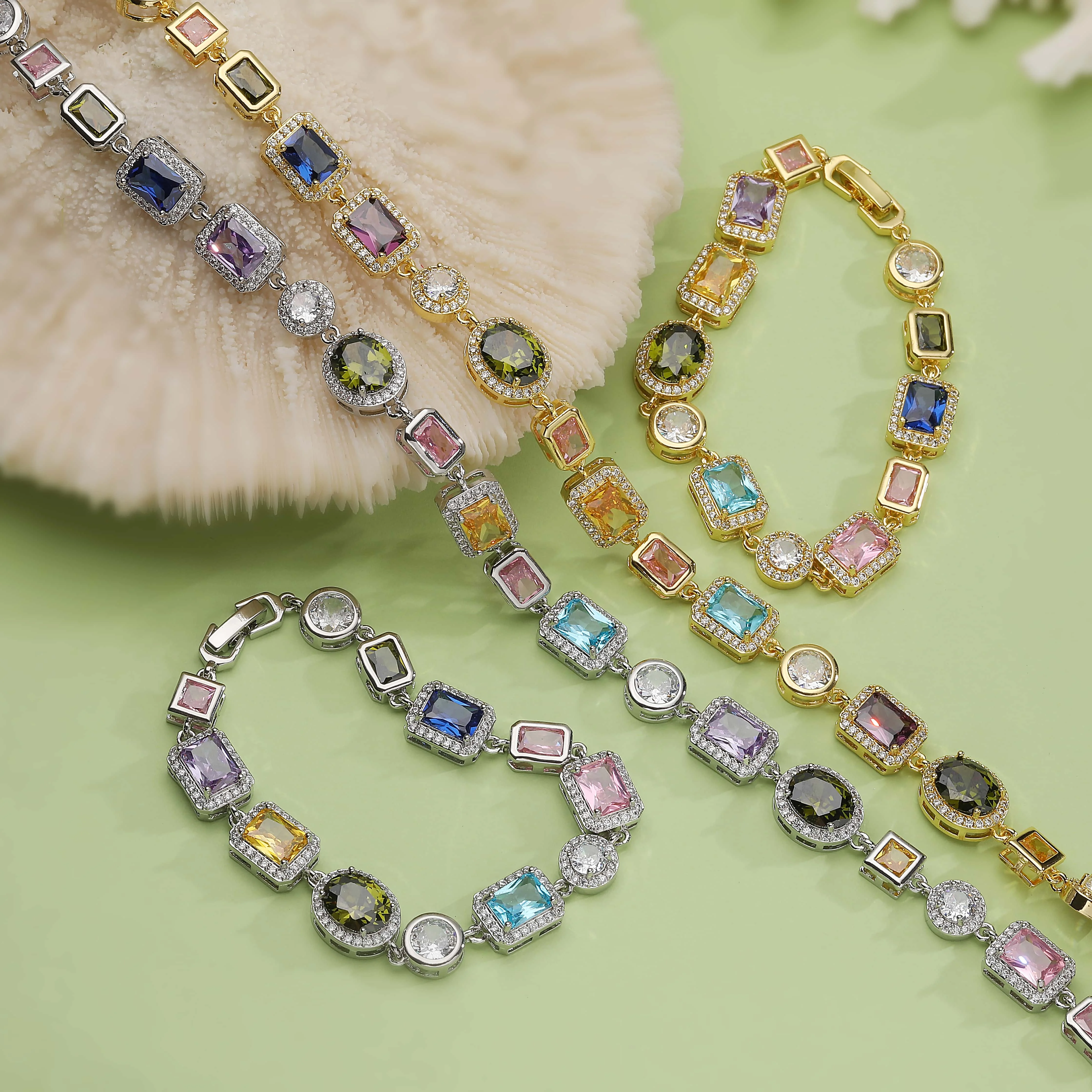 18K Gold Plated Square and Round Multicoloured Semi-Precious Stone Mosaic Design Jewellery Bracelet/Necklace Unisex Jewellery
