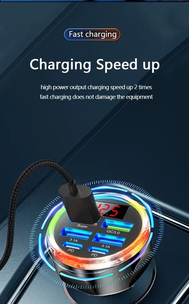 UYUXIO 6 in 1 USB C Car Charger with Volt Meter Multi Port Fast Charge Adapter with Voltage Display for iPhone 17 16 Samsung