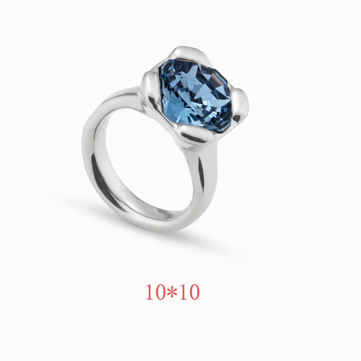 2025 new popular niche design geometric quadrilateral blue 10MM crystal ring simple yet eye-catching