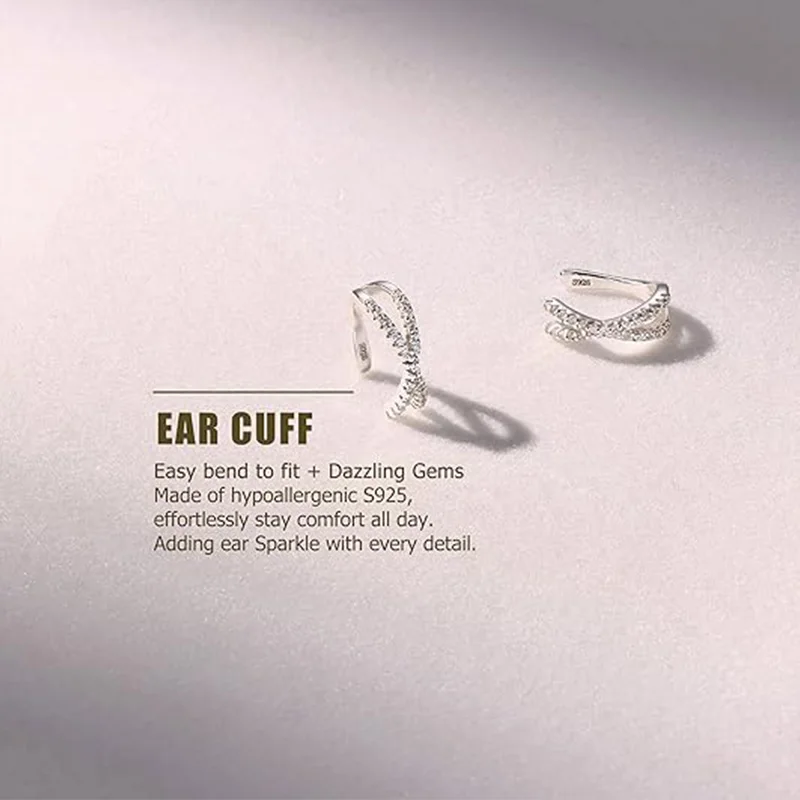 S925 Sterling Silver Non Piercing Cuff Earrings for Women Gifts 5A Cubic Zirconia Clip On Cartilage Helix Conch Fake Earrings