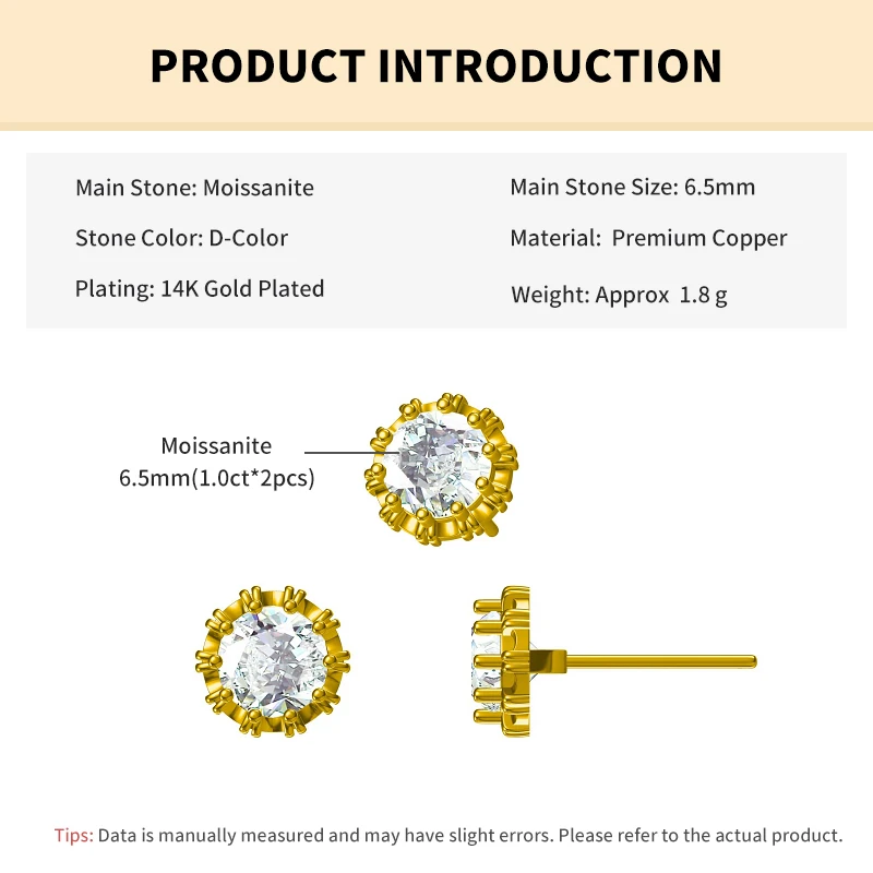 Rrjzz 6.5MM 1CT Moissanite Diamond Stud Earrings 925 Silver 14k Gold Plated Wedding Ear Studs for Women Men GRA Certificated