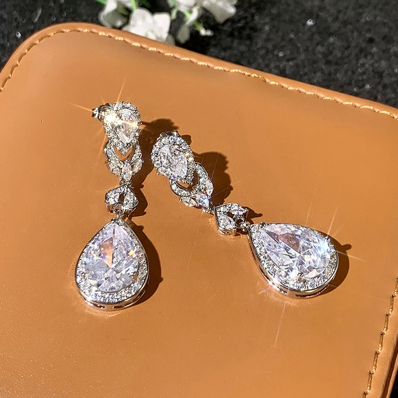 Huitan Women Drop Earrings with Bright Cubic Zirconia Charming Female Accessories for Party Engagement Trendy Daily Chic Jewelry