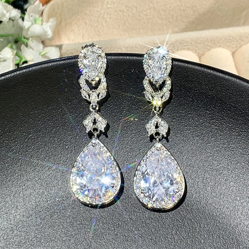 Huitan Women Drop Earrings with Bright Cubic Zirconia Charming Female Accessories for Party Engagement Trendy Daily Chic Jewelry