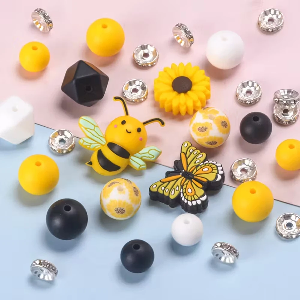 25/61PCS Butterfly Bee Daisy Silicone Bead Set, Perfect for DIY Handmade Crafts Such as Keychains, Necklaces, Bracelets, Etc
