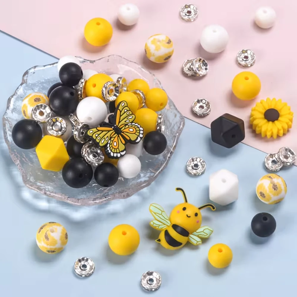 25/61PCS Butterfly Bee Daisy Silicone Bead Set, Perfect for DIY Handmade Crafts Such as Keychains, Necklaces, Bracelets, Etc
