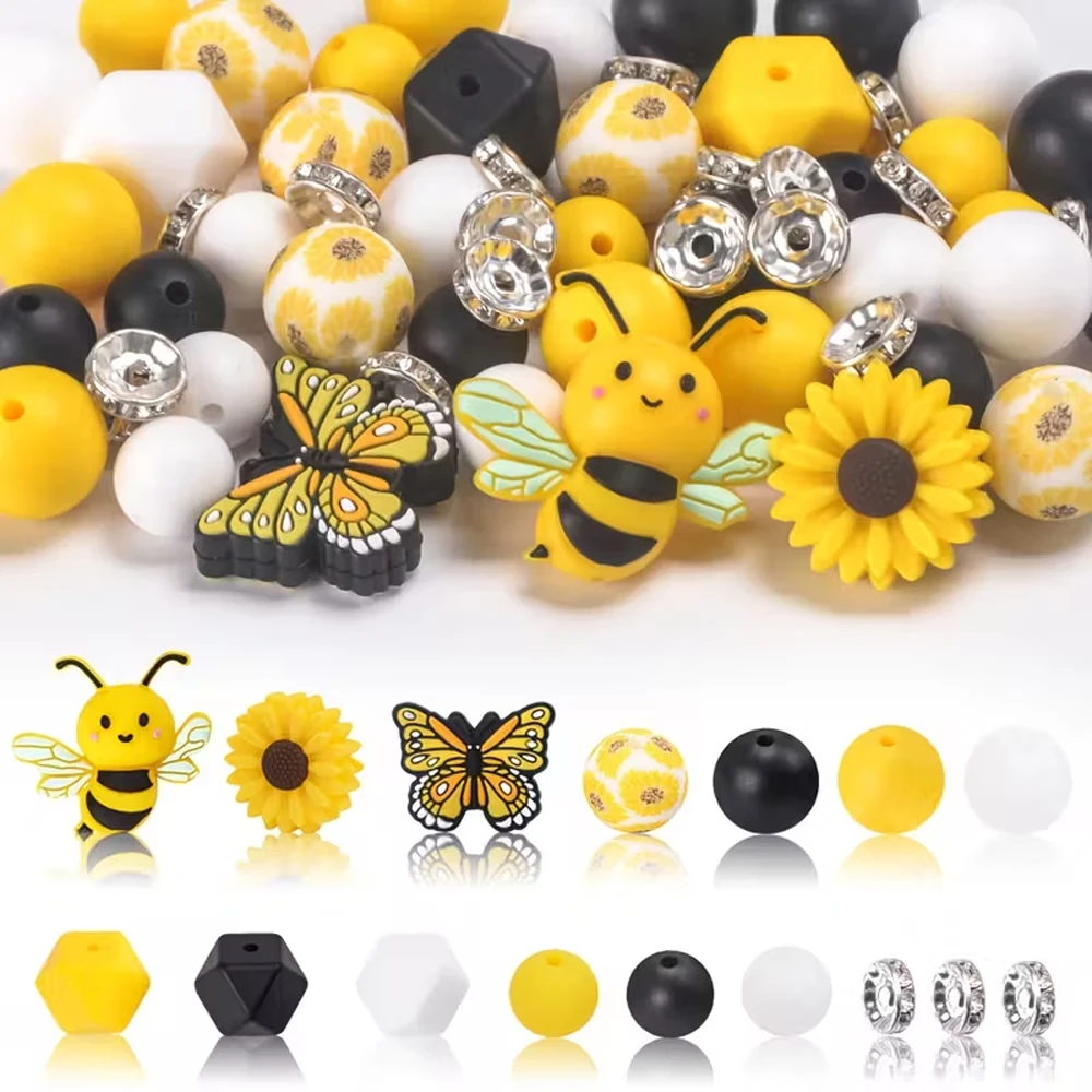 25/61PCS Butterfly Bee Daisy Silicone Bead Set, Perfect for DIY Handmade Crafts Such as Keychains, Necklaces, Bracelets, Etc