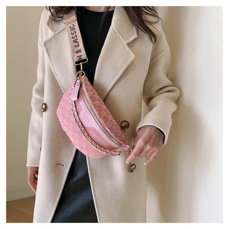 Chic Waist Crossbody Bag with Dual Chain Details, Simple Chest Bag, Stylish Wide Strap & Sleek Zip Closure Suitable Everyday Use