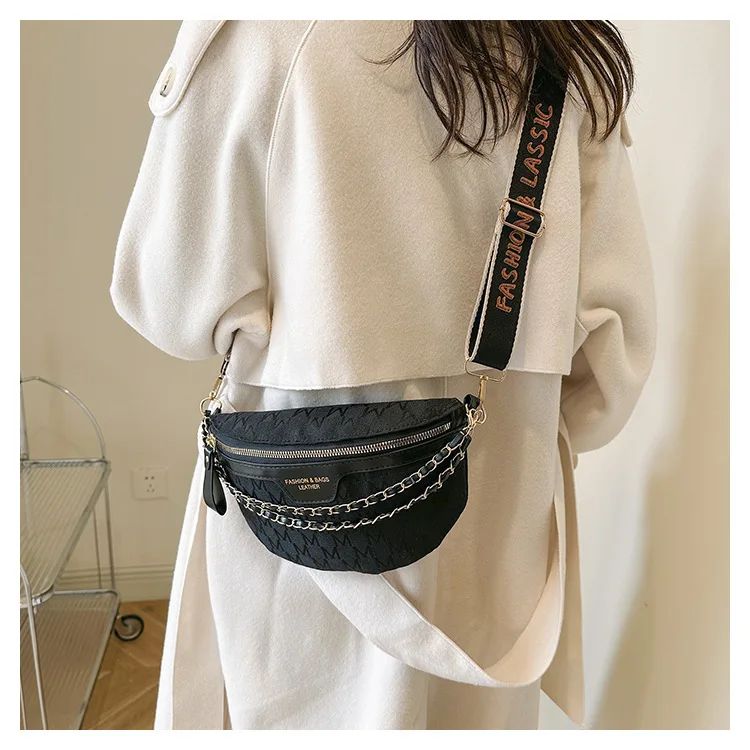Chic Waist Crossbody Bag with Dual Chain Details, Simple Chest Bag, Stylish Wide Strap & Sleek Zip Closure Suitable Everyday Use