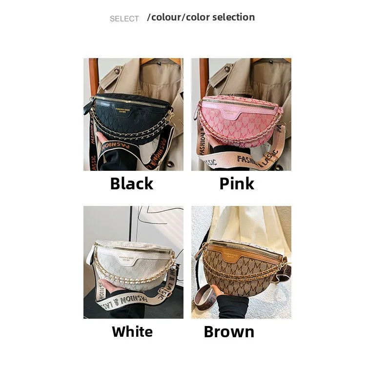 Chic Waist Crossbody Bag with Dual Chain Details, Simple Chest Bag, Stylish Wide Strap & Sleek Zip Closure Suitable Everyday Use