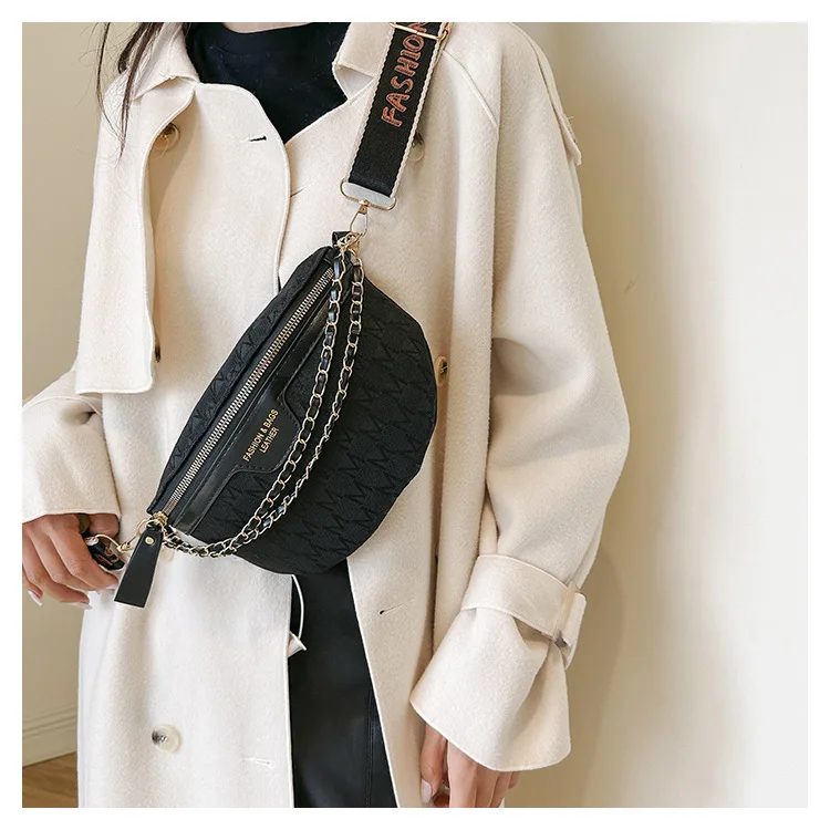Chic Waist Crossbody Bag with Dual Chain Details, Simple Chest Bag, Stylish Wide Strap & Sleek Zip Closure Suitable Everyday Use
