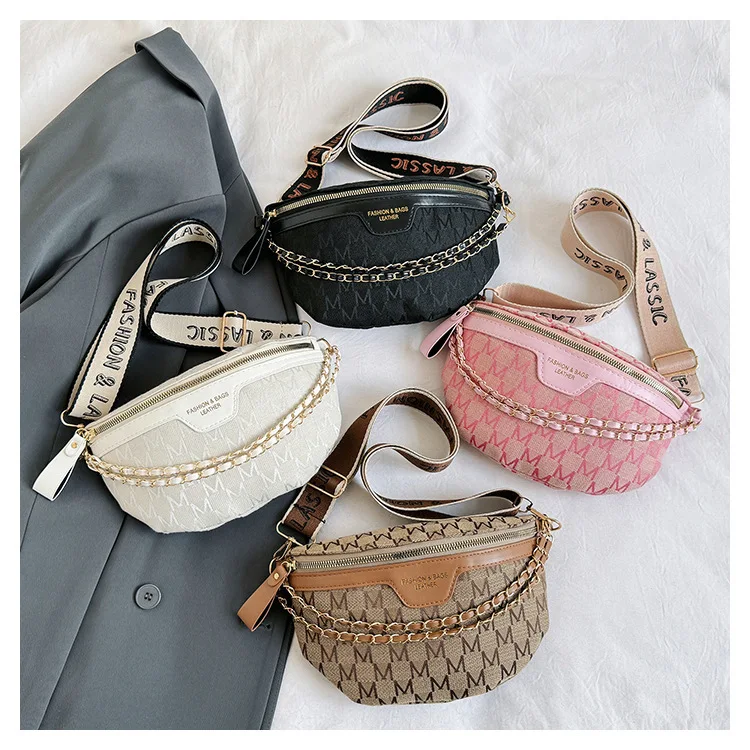 Chic Waist Crossbody Bag with Dual Chain Details, Simple Chest Bag, Stylish Wide Strap & Sleek Zip Closure Suitable Everyday Use