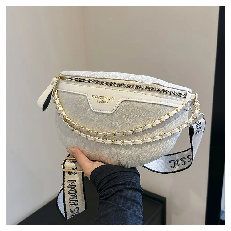 Chic Waist Crossbody Bag with Dual Chain Details, Simple Chest Bag, Stylish Wide Strap & Sleek Zip Closure Suitable Everyday Use
