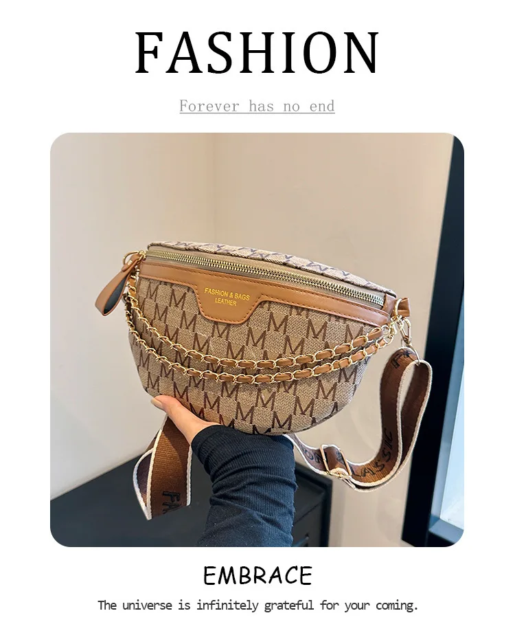 Chic Waist Crossbody Bag with Dual Chain Details, Simple Chest Bag, Stylish Wide Strap & Sleek Zip Closure Suitable Everyday Use