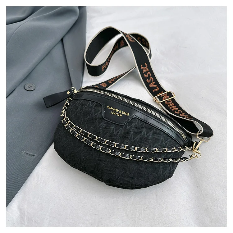 Chic Waist Crossbody Bag with Dual Chain Details, Simple Chest Bag, Stylish Wide Strap & Sleek Zip Closure Suitable Everyday Use