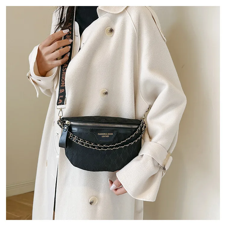 Chic Waist Crossbody Bag with Dual Chain Details, Simple Chest Bag, Stylish Wide Strap & Sleek Zip Closure Suitable Everyday Use