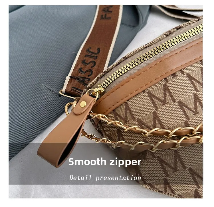 Chic Waist Crossbody Bag with Dual Chain Details, Simple Chest Bag, Stylish Wide Strap & Sleek Zip Closure Suitable Everyday Use