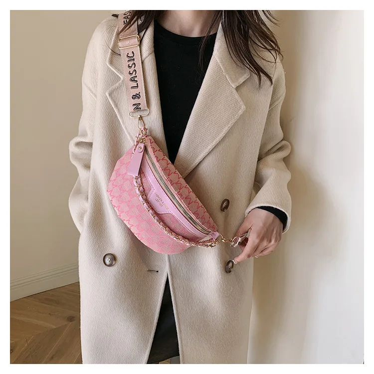 Chic Waist Crossbody Bag with Dual Chain Details, Simple Chest Bag, Stylish Wide Strap & Sleek Zip Closure Suitable Everyday Use