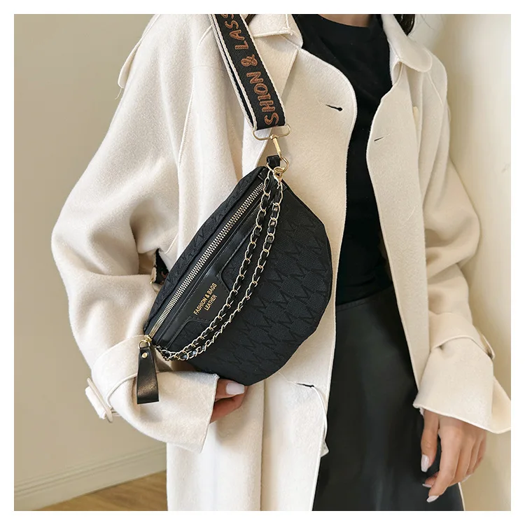 Chic Waist Crossbody Bag with Dual Chain Details, Simple Chest Bag, Stylish Wide Strap & Sleek Zip Closure Suitable Everyday Use