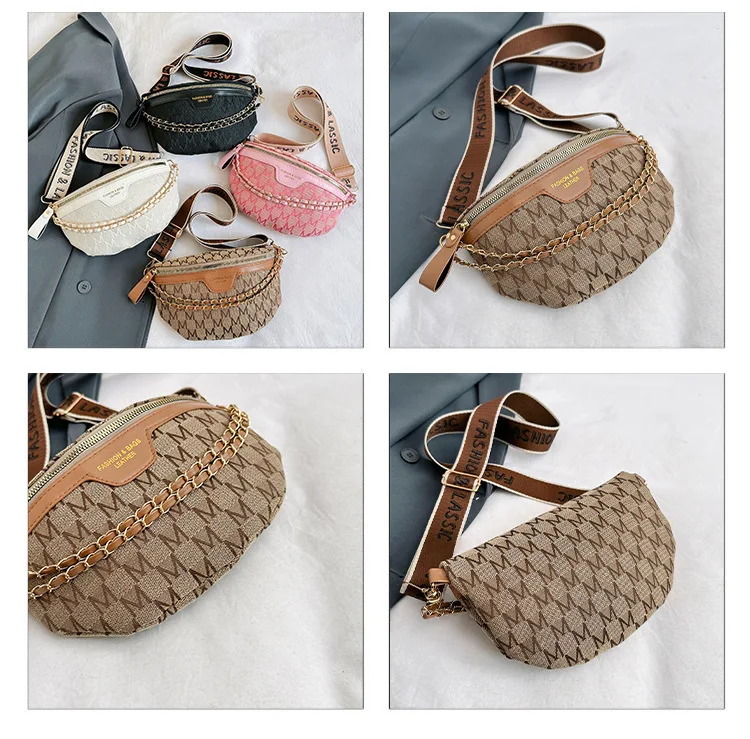 Chic Waist Crossbody Bag with Dual Chain Details, Simple Chest Bag, Stylish Wide Strap & Sleek Zip Closure Suitable Everyday Use