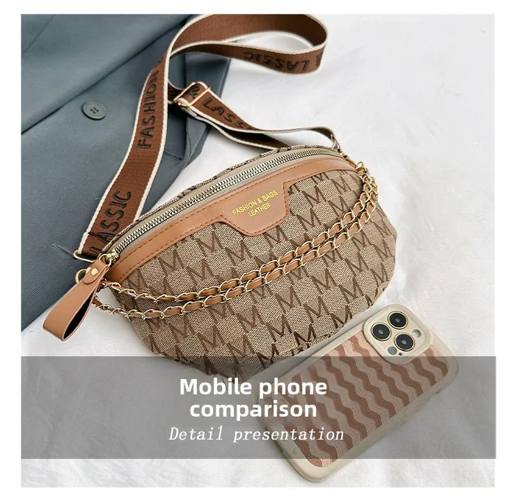 Chic Waist Crossbody Bag with Dual Chain Details, Simple Chest Bag, Stylish Wide Strap & Sleek Zip Closure Suitable Everyday Use