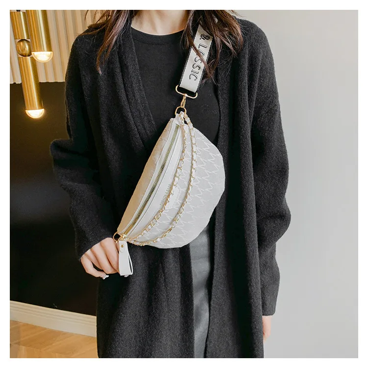 Chic Waist Crossbody Bag with Dual Chain Details, Simple Chest Bag, Stylish Wide Strap & Sleek Zip Closure Suitable Everyday Use