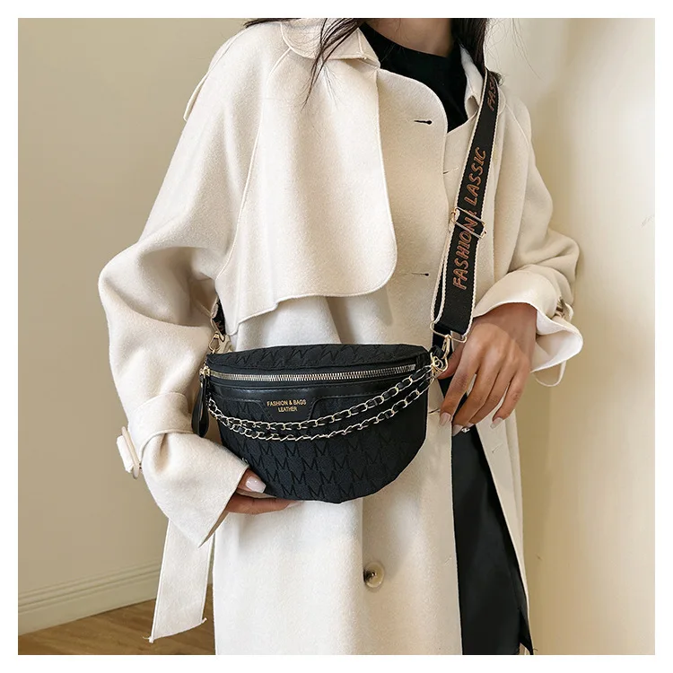 Chic Waist Crossbody Bag with Dual Chain Details, Simple Chest Bag, Stylish Wide Strap & Sleek Zip Closure Suitable Everyday Use