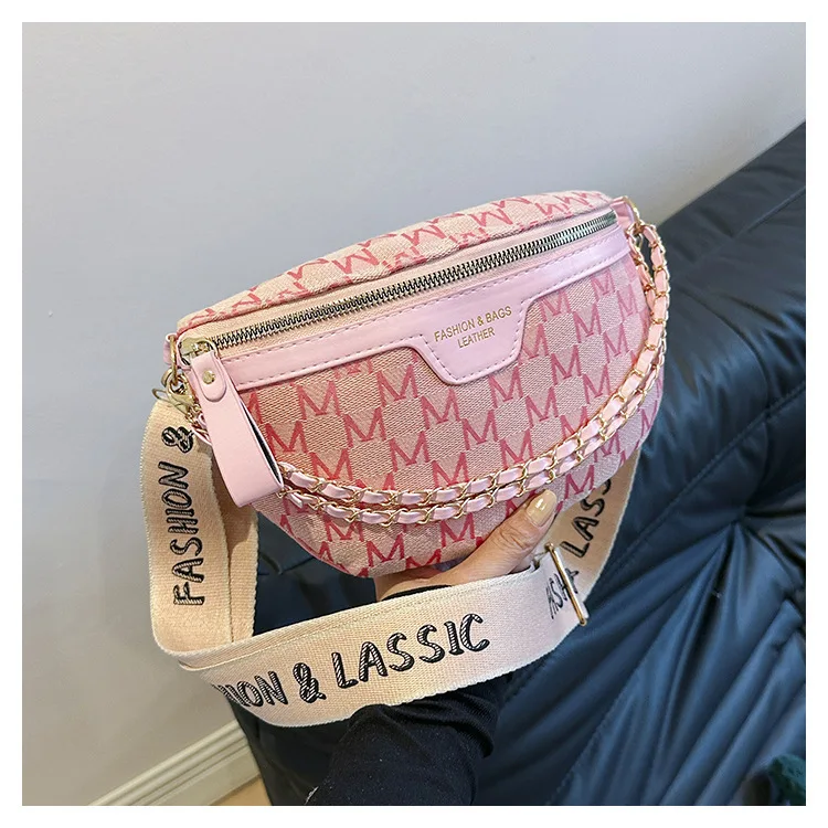 Chic Waist Crossbody Bag with Dual Chain Details, Simple Chest Bag, Stylish Wide Strap & Sleek Zip Closure Suitable Everyday Use