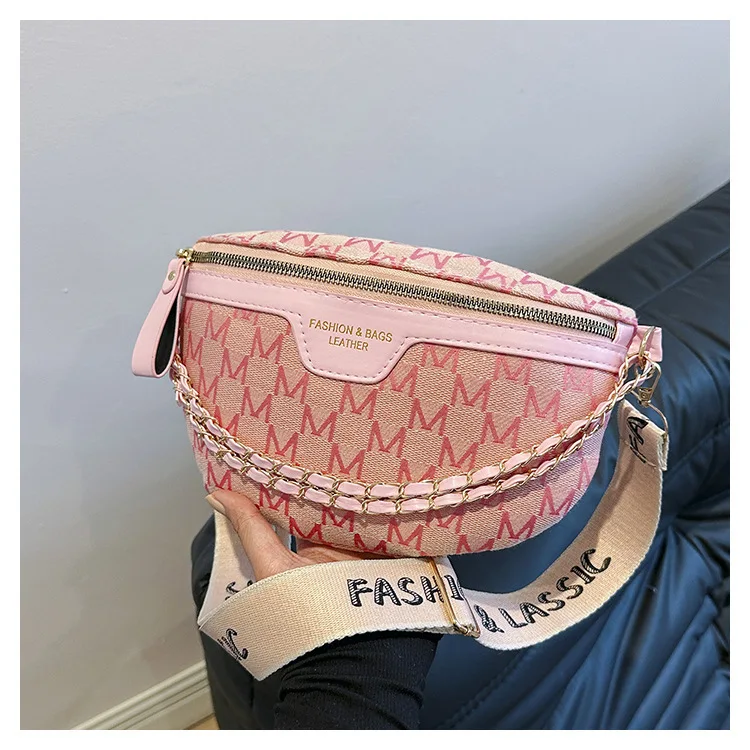 Chic Waist Crossbody Bag with Dual Chain Details, Simple Chest Bag, Stylish Wide Strap & Sleek Zip Closure Suitable Everyday Use