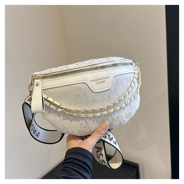 Chic Waist Crossbody Bag with Dual Chain Details, Simple Chest Bag, Stylish Wide Strap & Sleek Zip Closure Suitable Everyday Use