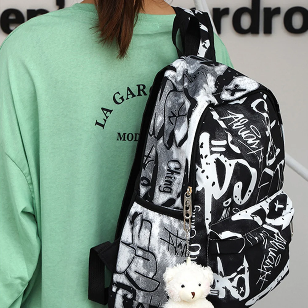 Fashion Nylon Women's Backpack Graffiti Printing Waterproof School Bags Large Capacity Shoulder Bag Students
