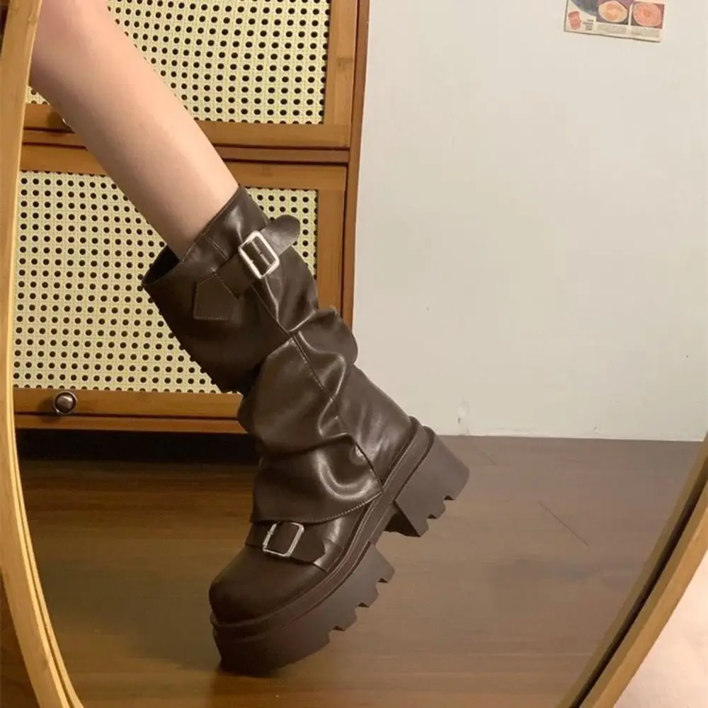 New Design Women Biker Boots Platform Belt Buckle Women's Knee High Booties Harajuku Gladiator Y2K Punk Mid Pipe Booties Girls