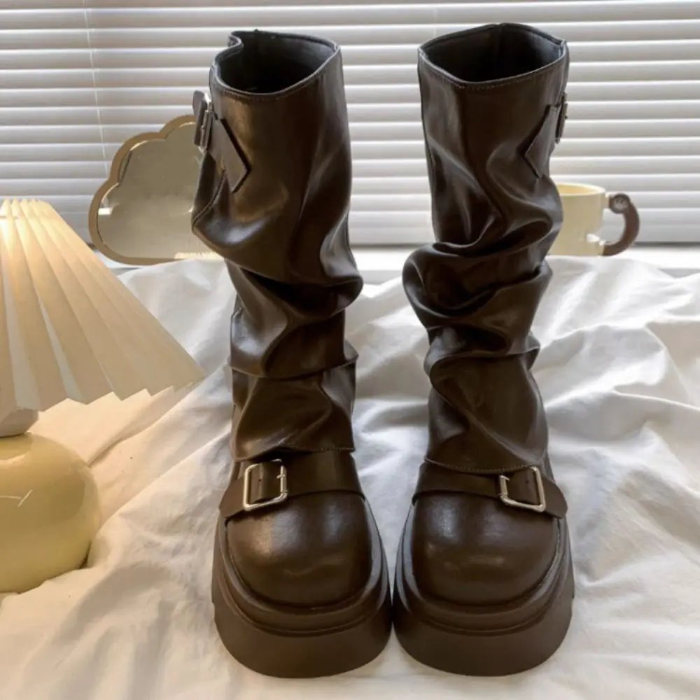 New Design Women Biker Boots Platform Belt Buckle Women's Knee High Booties Harajuku Gladiator Y2K Punk Mid Pipe Booties Girls