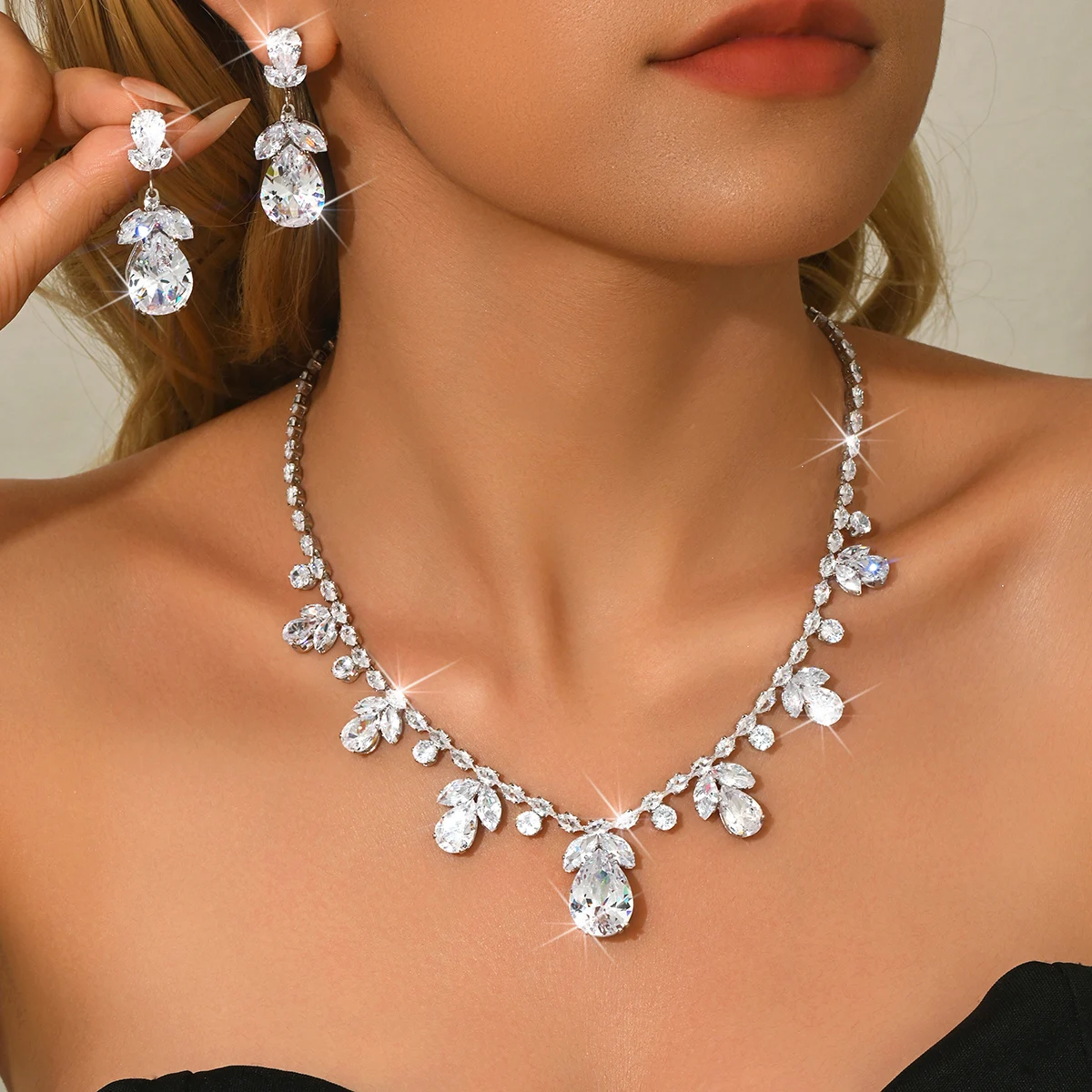New French Ocean Zircon Necklace Earrings Set Fairy Tree Seal Fine Pair Dress Accessories Women