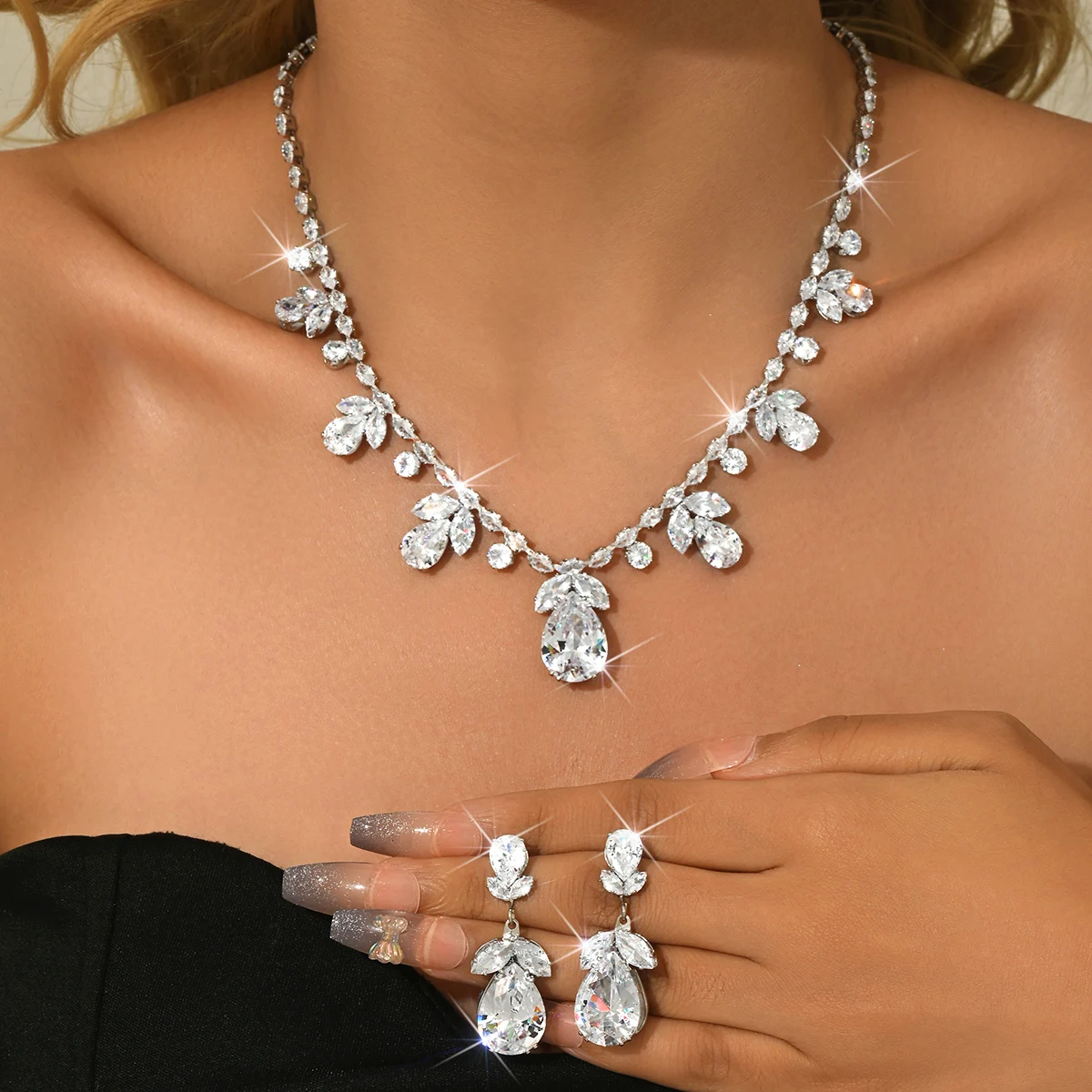 New French Ocean Zircon Necklace Earrings Set Fairy Tree Seal Fine Pair Dress Accessories Women