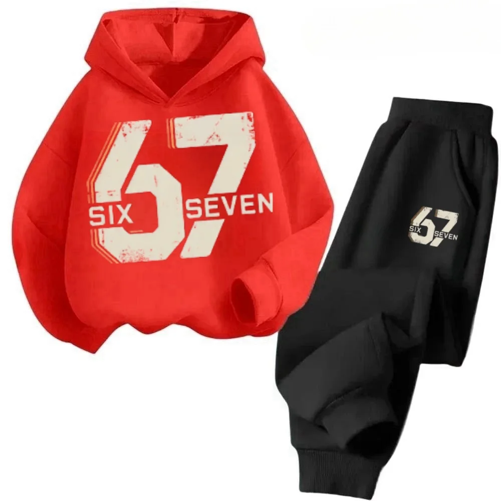 67 Chic Children's Hoodies Set 4-13Y Korean Streetwear Block Tracksuit Fashion Comfortable Kids Sweatshirt 2 Pcs Sets Pant Suit