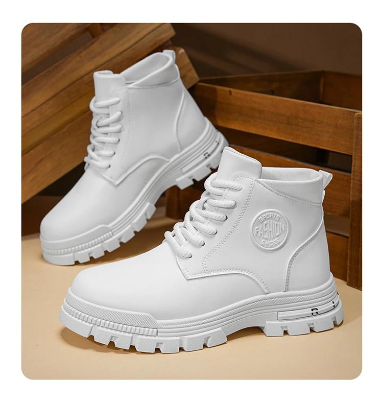 Men's Fashionable All-Season White Motorcycle Boots Autumn Winter Outdoor Hiking Mountaineering Shoes Durable Comfortable