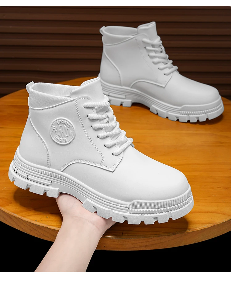 Men's Fashionable All-Season White Motorcycle Boots Autumn Winter Outdoor Hiking Mountaineering Shoes Durable Comfortable