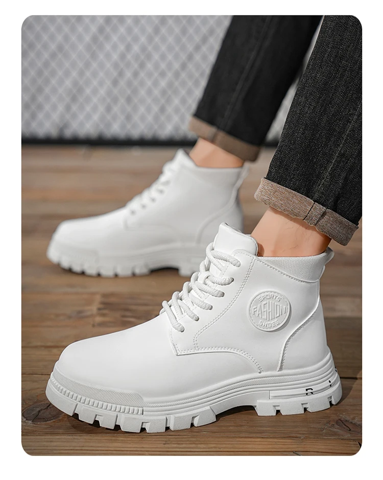 Men's Fashionable All-Season White Motorcycle Boots Autumn Winter Outdoor Hiking Mountaineering Shoes Durable Comfortable