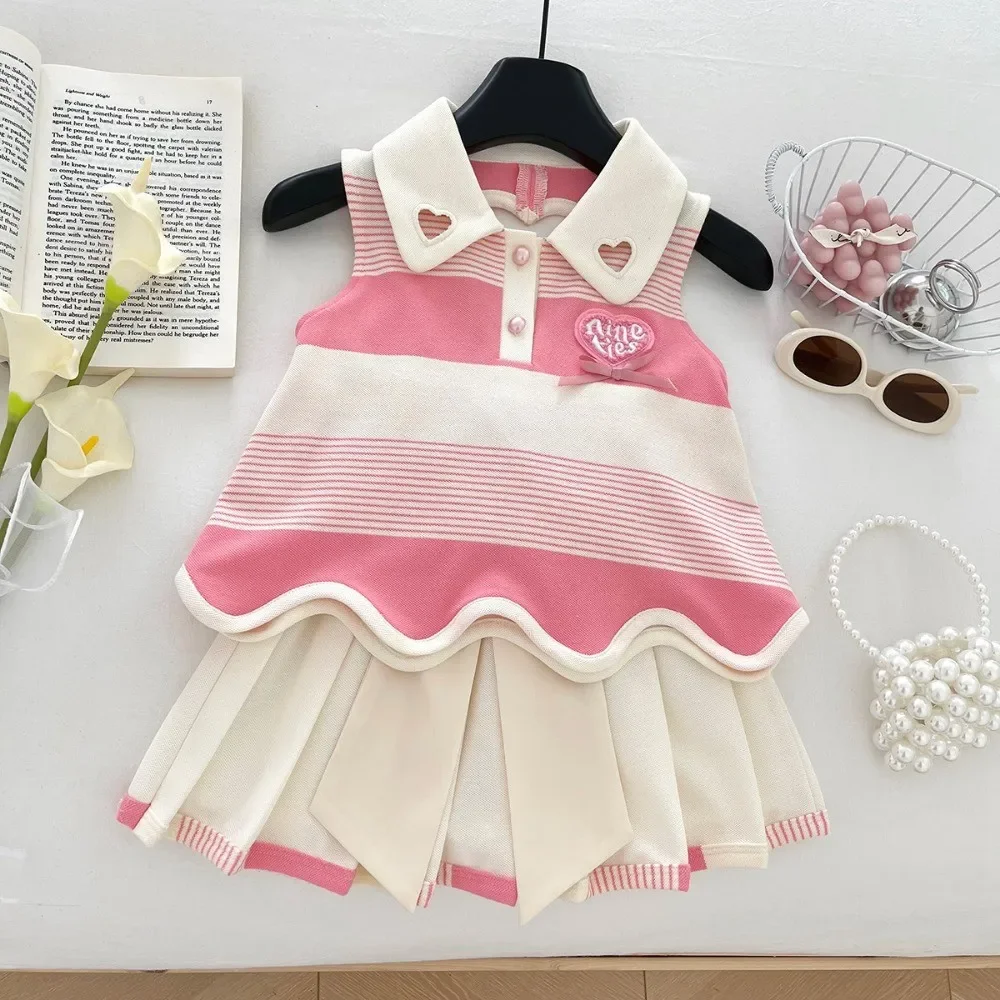 Pink 2-9 Years Girl Clothes Fashion Fold-over Collar Striped Love Print T-shirt + Pleated Skirt 2 Pcs Set Back Bow Decoration