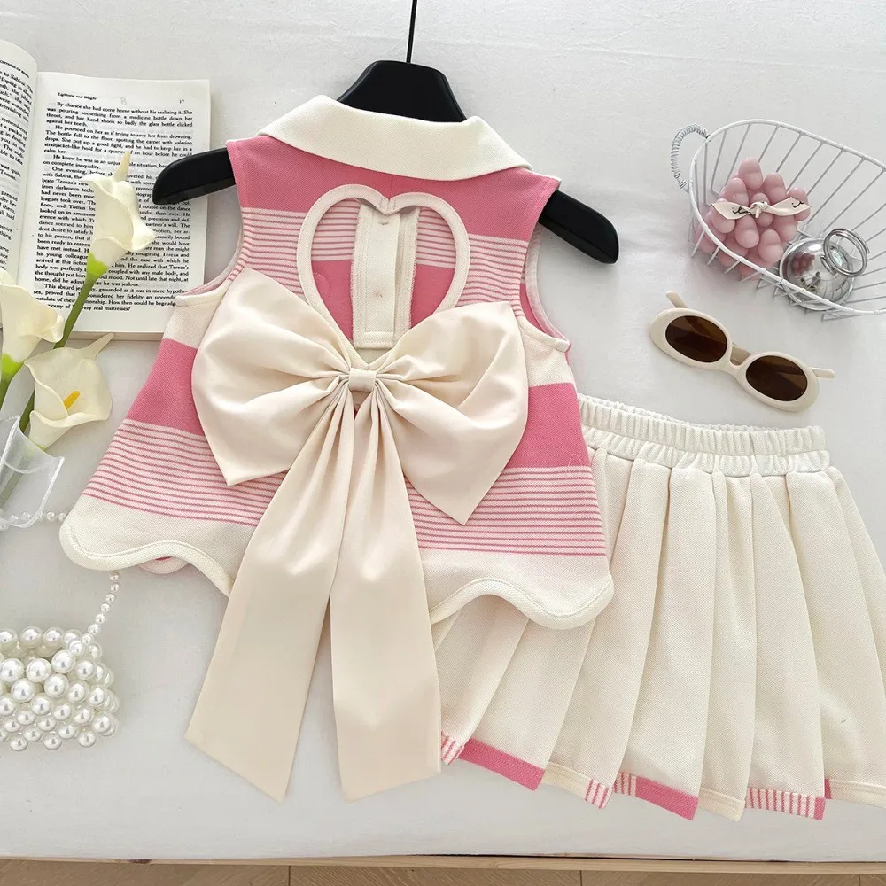 Pink 2-9 Years Girl Clothes Fashion Fold-over Collar Striped Love Print T-shirt + Pleated Skirt 2 Pcs Set Back Bow Decoration
