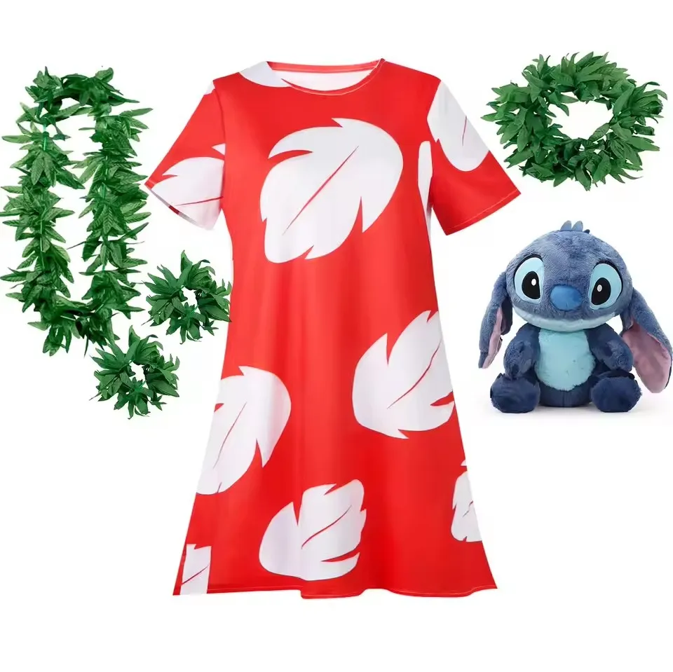 Lilo Costume for Girls Hawaii Princess Red Leaves Dress Up Outfits with Garland Kids Halloween Carnival Party Dresses