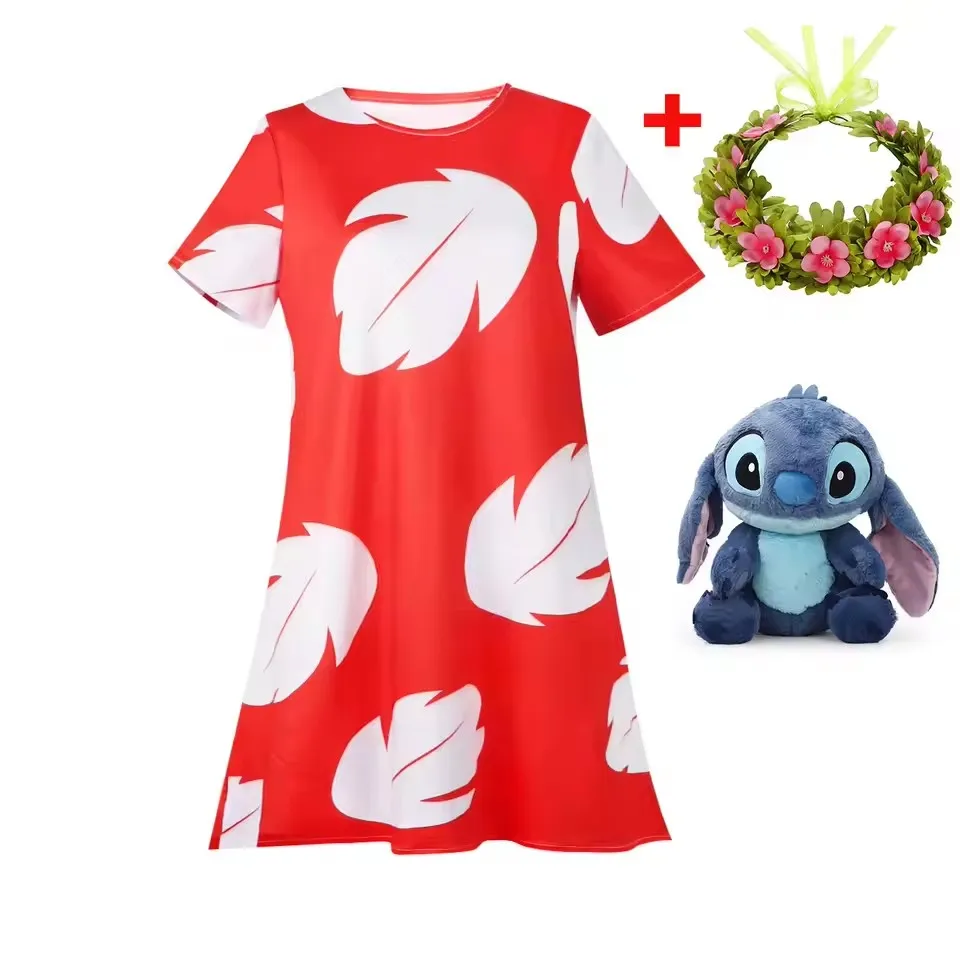 Lilo Costume for Girls Hawaii Princess Red Leaves Dress Up Outfits with Garland Kids Halloween Carnival Party Dresses