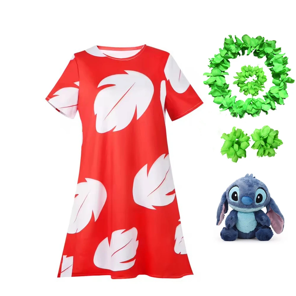 Lilo Costume for Girls Hawaii Princess Red Leaves Dress Up Outfits with Garland Kids Halloween Carnival Party Dresses