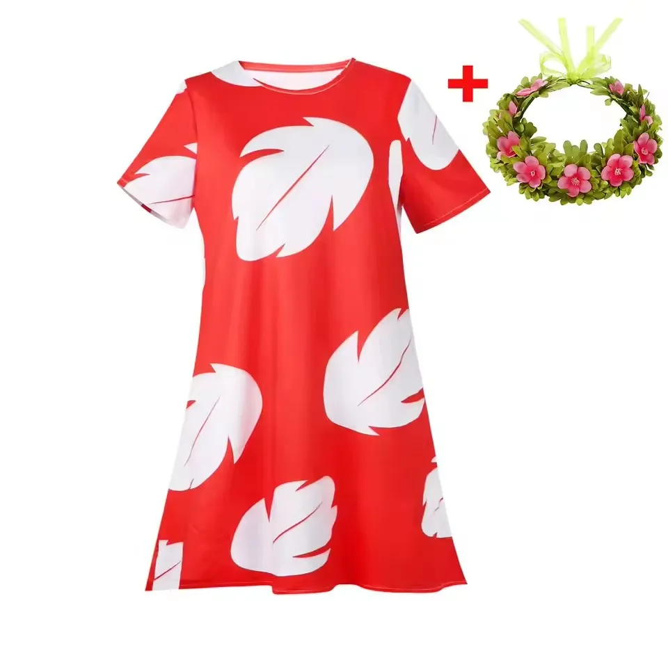 Lilo Costume for Girls Hawaii Princess Red Leaves Dress Up Outfits with Garland Kids Halloween Carnival Party Dresses